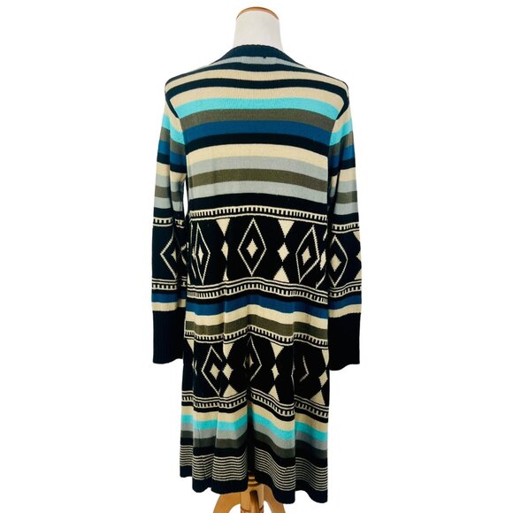 Love Stitch Long Geometric Striped Open Front Waterfall Cardigan Duster - Picture 10 of 16